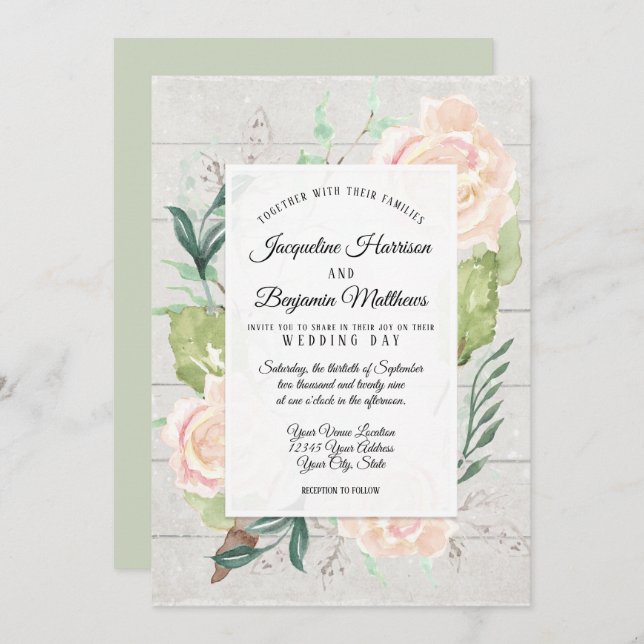 Invitación Arte Floral Acuarela Madera Flor de Rosa Marfil Rú (Anverso / Reverso)