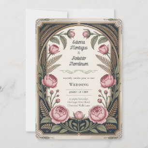 Invitación Arte Floral Art Nouveau Negro Dorado Boda
