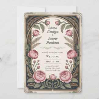 Invitación Arte Floral Art Nouveau Negro Dorado Boda