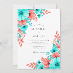 Invitación Arte Floral de Coral Turquesa para Boda