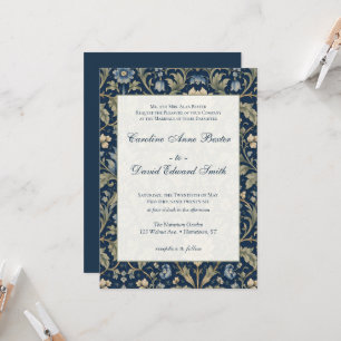 Invitación Arte Floral Nouveau Azul Marino Boda Tradicional
