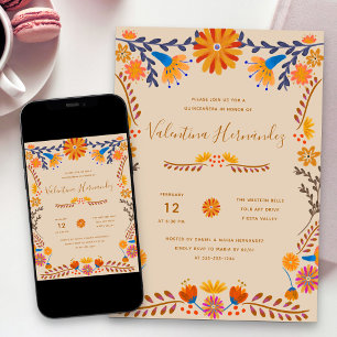 Invitación Arte Folclórico Floral Mexicano Pretty Quinceañera