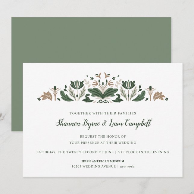 Invitación Arte folclórico irlandés | Boda floral céltico mod (Anverso / Reverso)