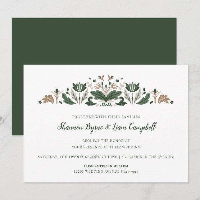 Invitación Arte folclórico irlandés | Boda floral céltico mod (Anverso / Reverso)