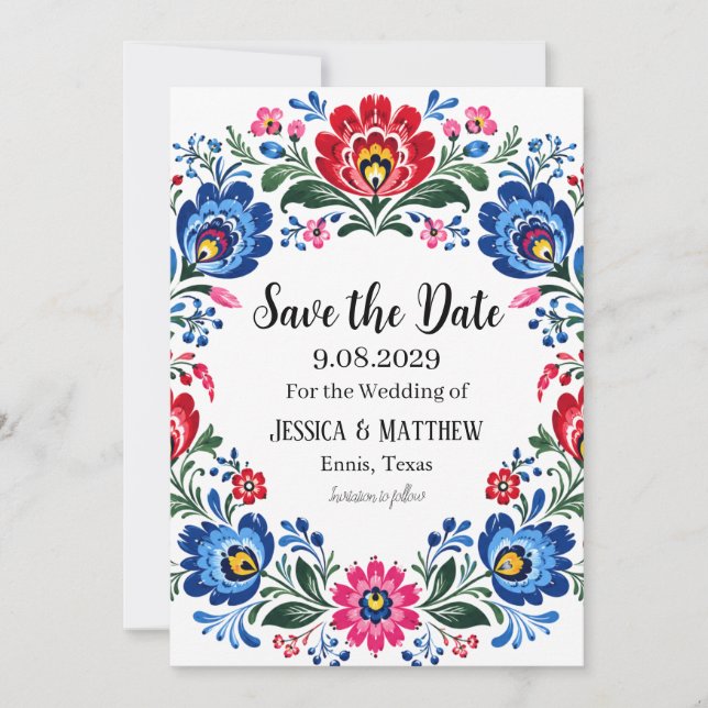 Invitación Arte Folclórico Polaco Flores Tradicionales Boda (Anverso)