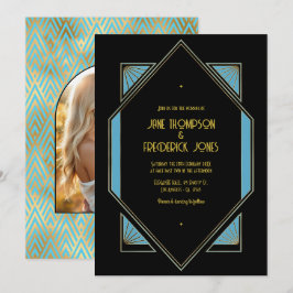 Invitación Arte Gatsby Art Deco Azul y Dorado Foto de Boda