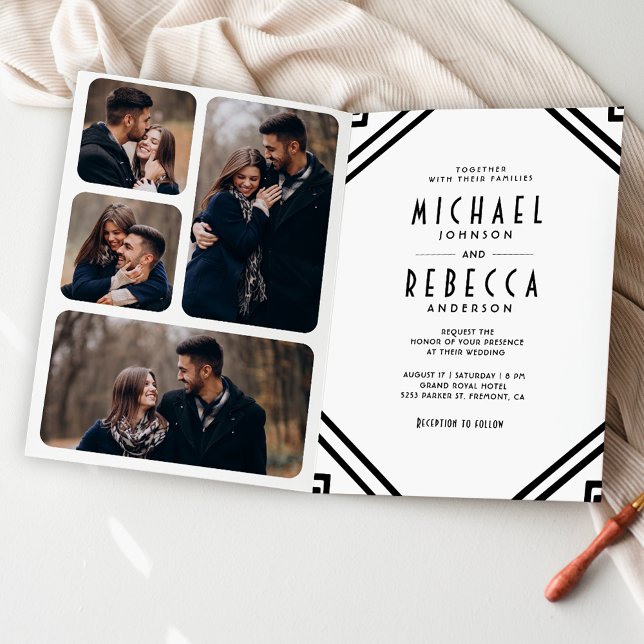 Invitación Arte geométrico Art Deco Boda Código QR Blanco y N (Subido por el creador)
