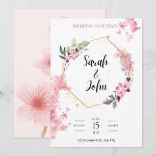 Invitación Arte geométrico de hexágono dorado floral rosa