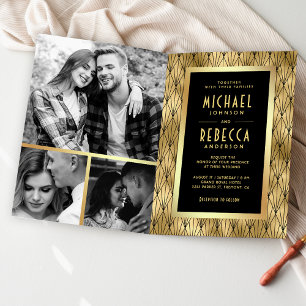 Invitación Arte Geométrico Deco Negro Código QR Boda Dorada