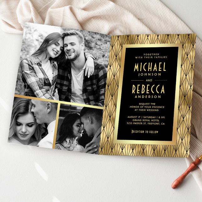 Invitación Arte Geométrico Deco Negro Código QR Boda Dorada (Subido por el creador)