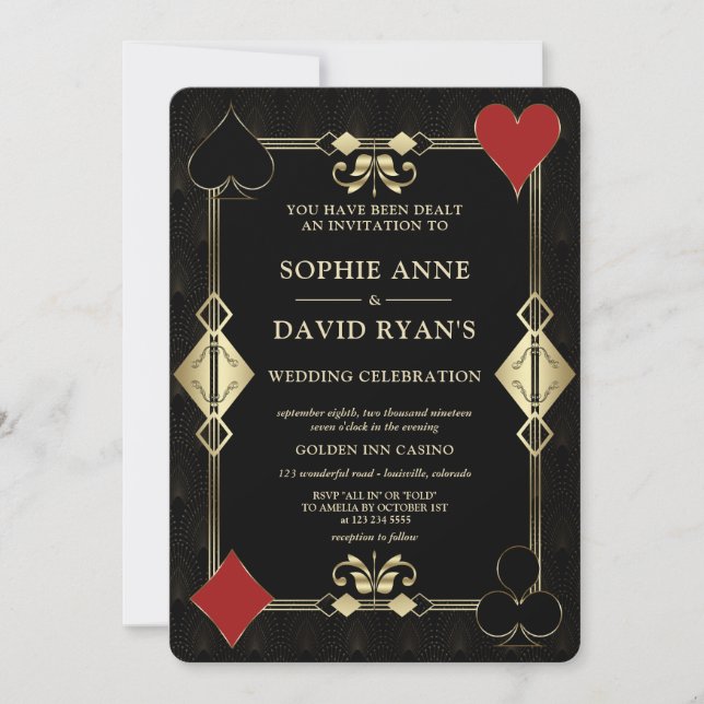 Invitación Arte Glam Deco QR Años 20 Casino Vegas Póquer Boda (Anverso)