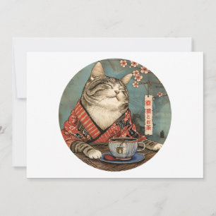 Invitación Arte japonés de moda felino feliz con una taza de 