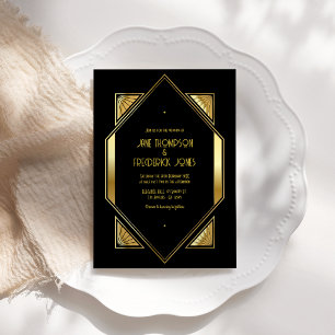 Invitación Arte Negro y Dorado Deco Dorado Foto de Boda