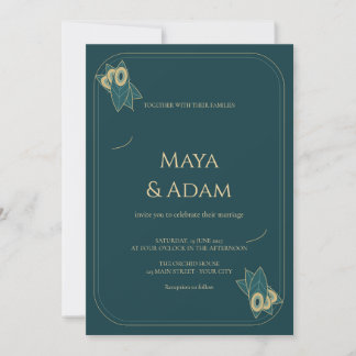 Invitación Arte Nouveau Boda Pluma de Pavo Real Verde