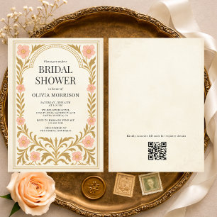 Invitación Arte Nouveau Floral Victoriano Código QR Ducha Nup