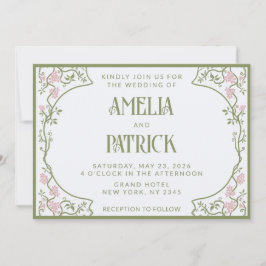 Invitación Arte Nuevo Floral Boda Verde y Rosa