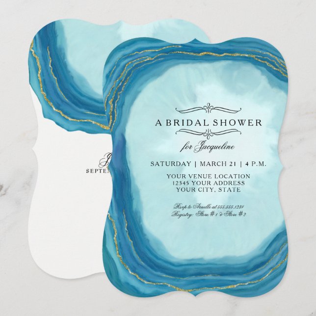 Invitación Arte pintado azul simple moderno nupcial de Geode (Anverso / Reverso)
