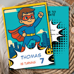Invitación arte pop retro cumpleaños superhéroe niño superchi