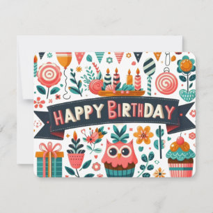 Invitación Arte Popular Caprichoso Feliz Cumpleaños Búho Flor