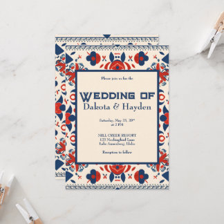 Invitación Arte popular floral rojo, blanco y azul