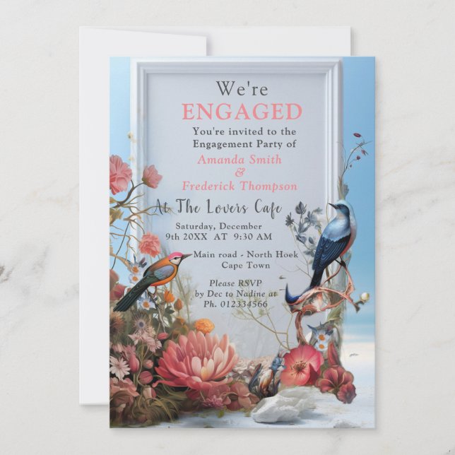 Invitación Arte surrealista con flores y aves (Anverso)