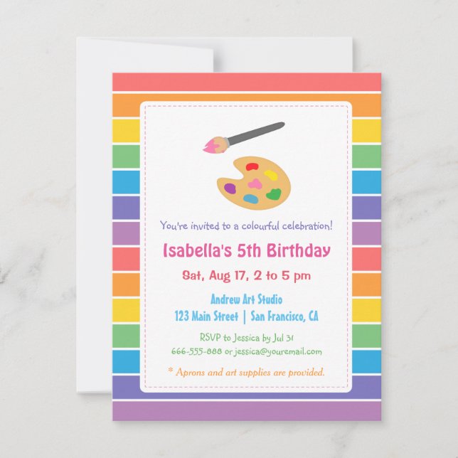 Invitación Artes de Pintura de Arcoíris Cumpleaños de Niños F (Anverso)