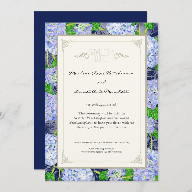 Invitación Artes decorativas elegantes de boda con hortensias (Anverso / Reverso)