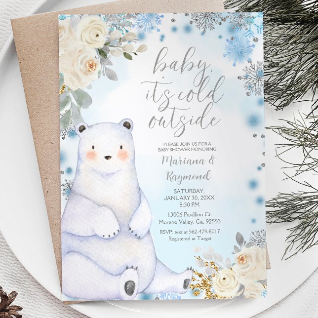 Invitación Articos de Oso de Invierno Animal Flor Blanca Baby (Subido por el creador)