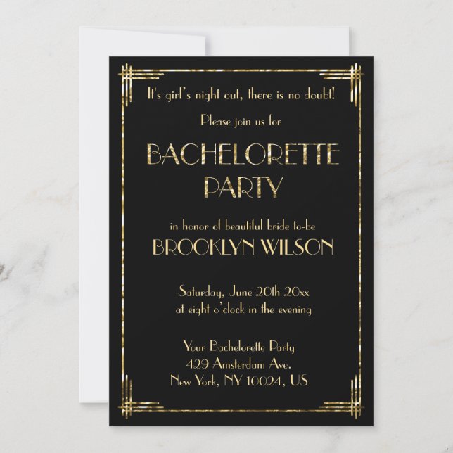 Invitación Articulo Art Deco Relieve metalizado dorado Bachel (Anverso)