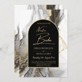 Invitación Artículo de boda negro y dorado, bilingüe