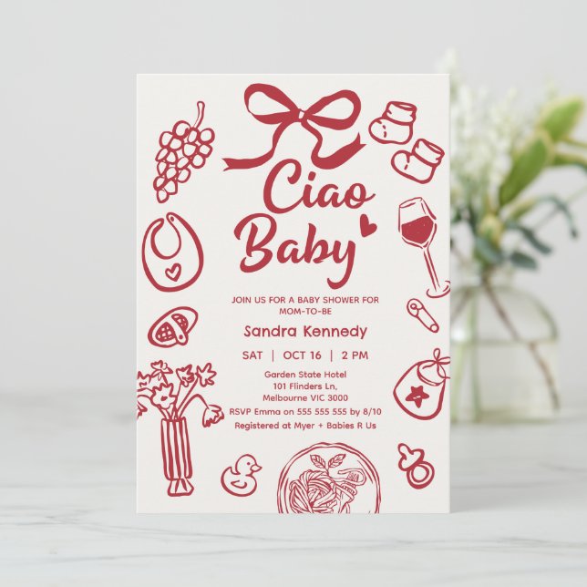 Invitación Artículos de vaca roja dibujados a mano Ciao Baby  (Anverso de pie)