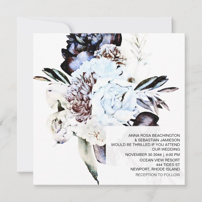 Invitación *~* Artista AR15 QR BODA Floral Azul RSVP (Anverso)