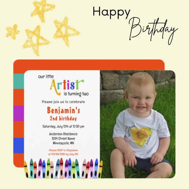 Invitación Artista de Crayon cumple cumpleaños de foto de dos (Subido por el creador)