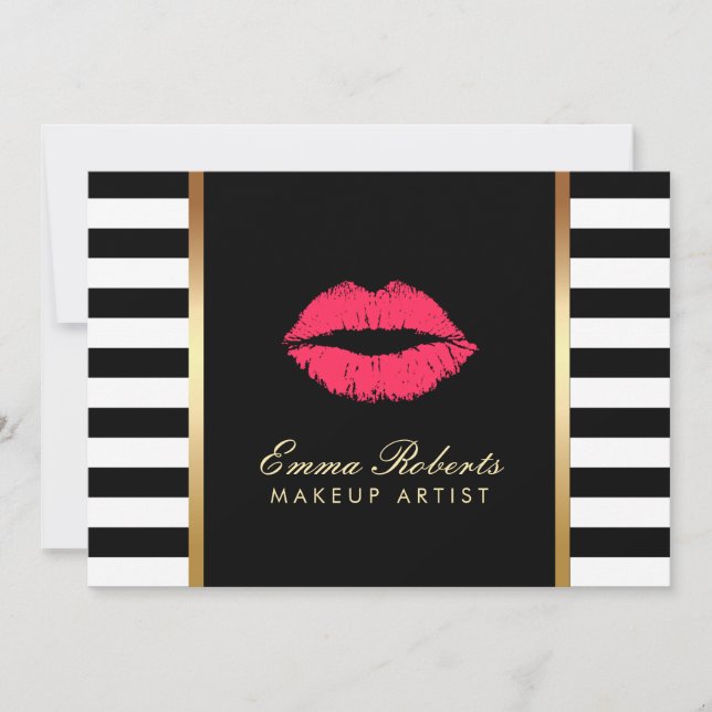 Invitación Artista maquillador Rojo Lips Black White Stripes  (Anverso)