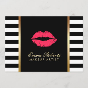 Invitación Artista maquillador Rojo Lips Black White Stripes 