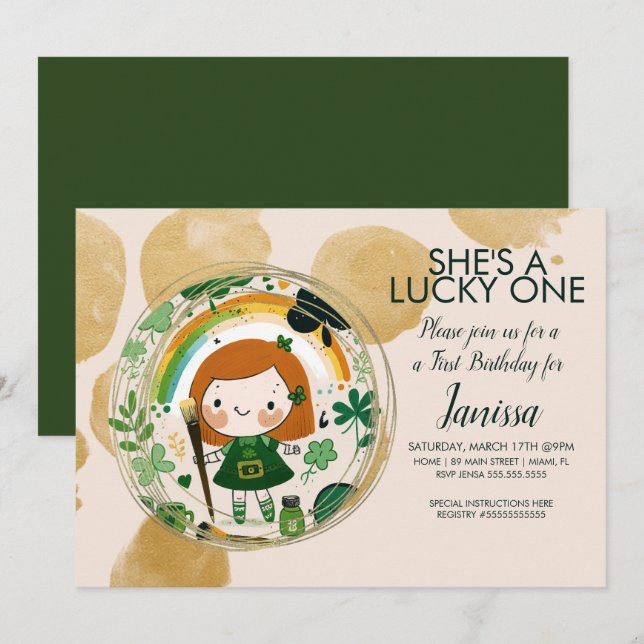 Invitación Artista Shamrock Chica de cumpleaños afortunado de (Anverso / Reverso)
