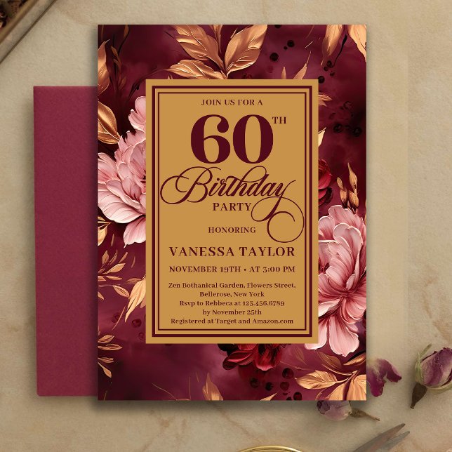 Invitación Artistic 60th Birthday Burgundy Blush Bohemian  (Artistic 60th Birthday Burgundy Blush Bohemian Invitation)