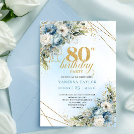 Invitación Artistic 80th Birthday Invite Dusty Blue Flowers  