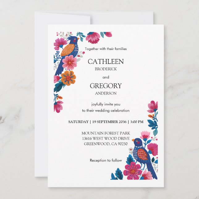 Invitación Artistic Colorful Folk Birds and Flowers Wedding (Anverso)
