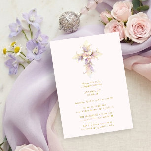 Invitación Artistic Lilac Floral Christian Cross Baptism