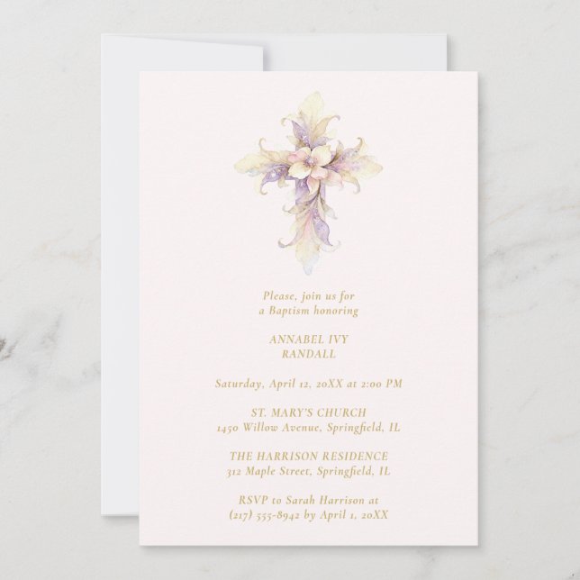 Invitación Artistic Lilac Floral Christian Cross Baptism (Anverso)