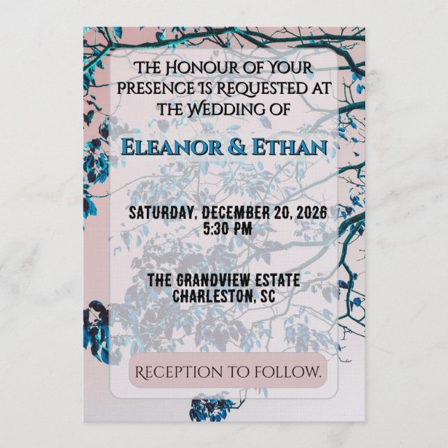 Invitación Artistic Teal Blue Branches Pink Sky Modern  (Anverso)