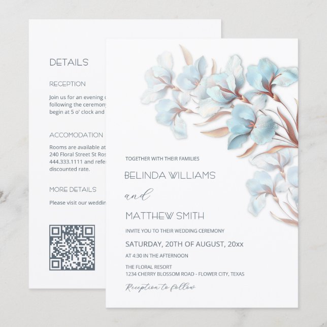 Invitación Artística de Flores Rosa Turquesa (Anverso / Reverso)