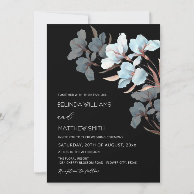 Invitación Artística de Flores Rosa Turquesa (Anverso)