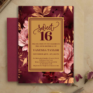 Invitación Artístico Sweet Sixteen Borgoña Rubor Acuarela