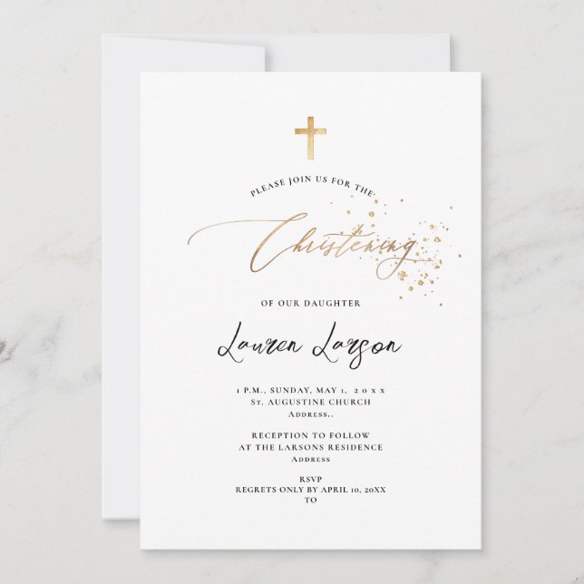 Invitación ArtsApp Elegant Faux Gold Caligraphy Christening (Anverso)
