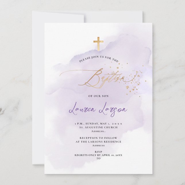 Invitación ArtsApp Elegant H2 Lavado Bautismo Púrpura (Anverso)