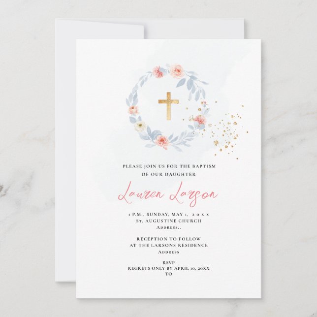 Invitación ArtsApp Elegante H2 Rosa rosa pálido Bautismo (Anverso)