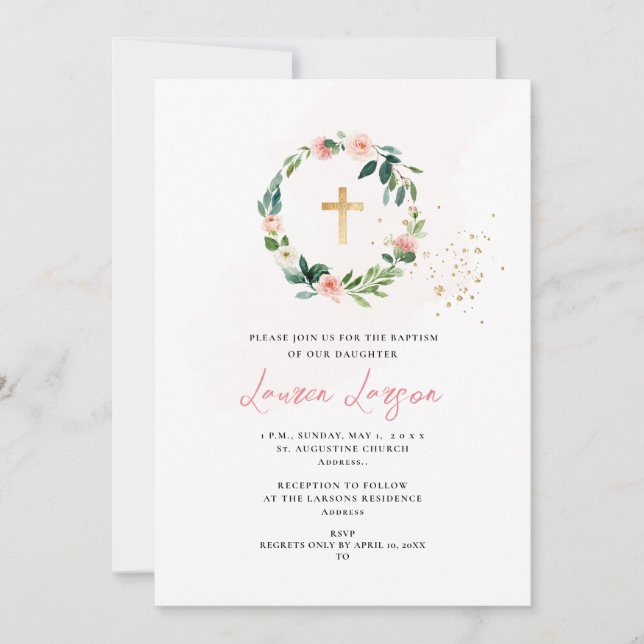 Invitación ArtsApp Elegante H2 Rosa rosa pálido Bautismo (Anverso)