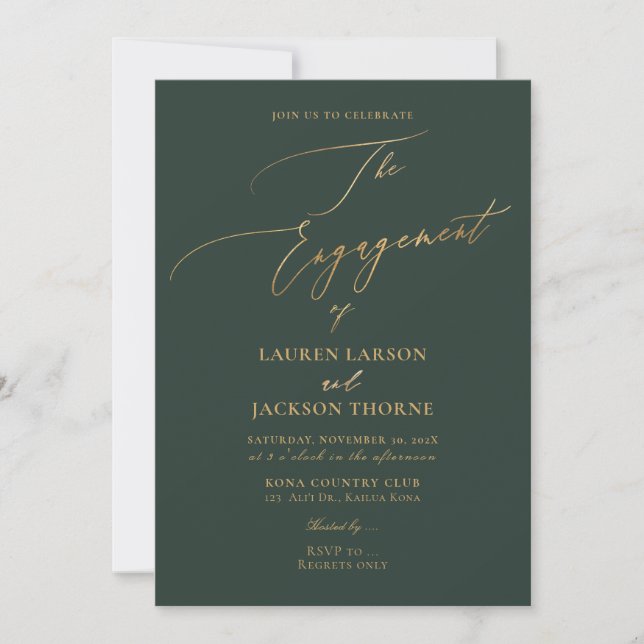 Invitación ArtsApp Faux Gold Forest Green Engagement (Anverso)